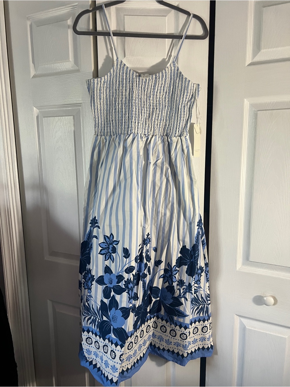 Calypso St. Barth White and Blue Striped Floral Midi Sundress